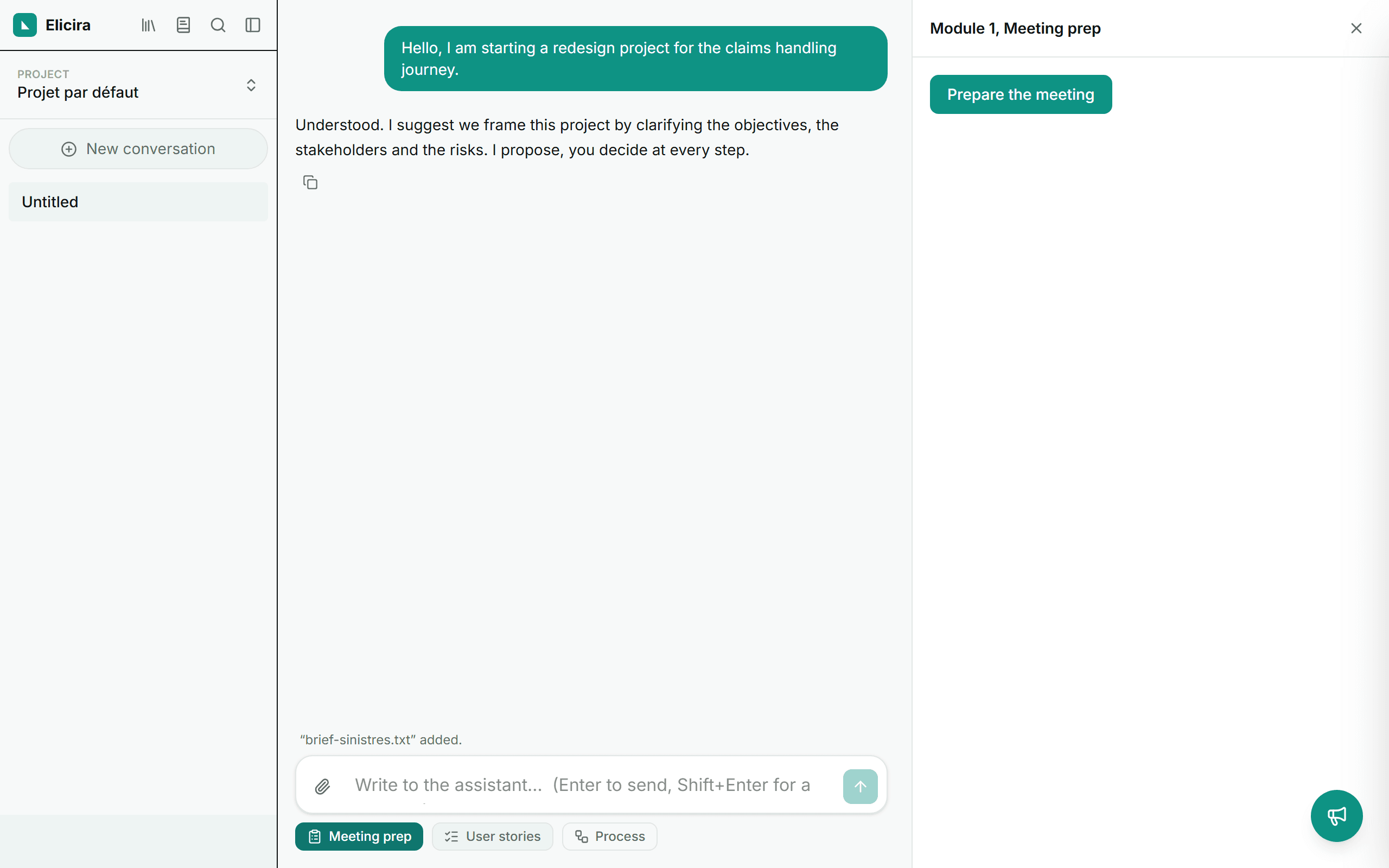 The Meeting preparation module panel, open to the right of the chat.