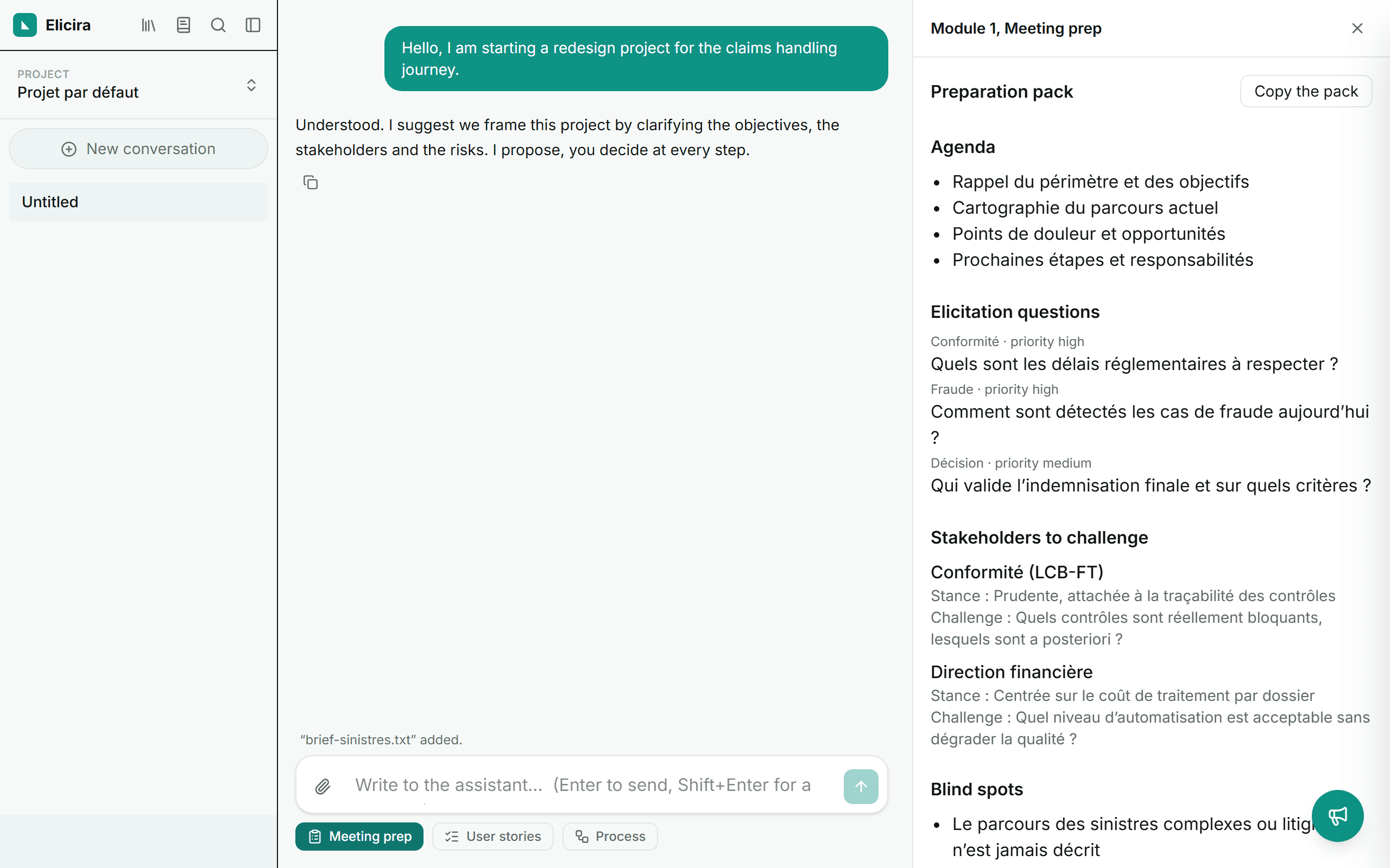 The generated meeting preparation pack, with its sections.