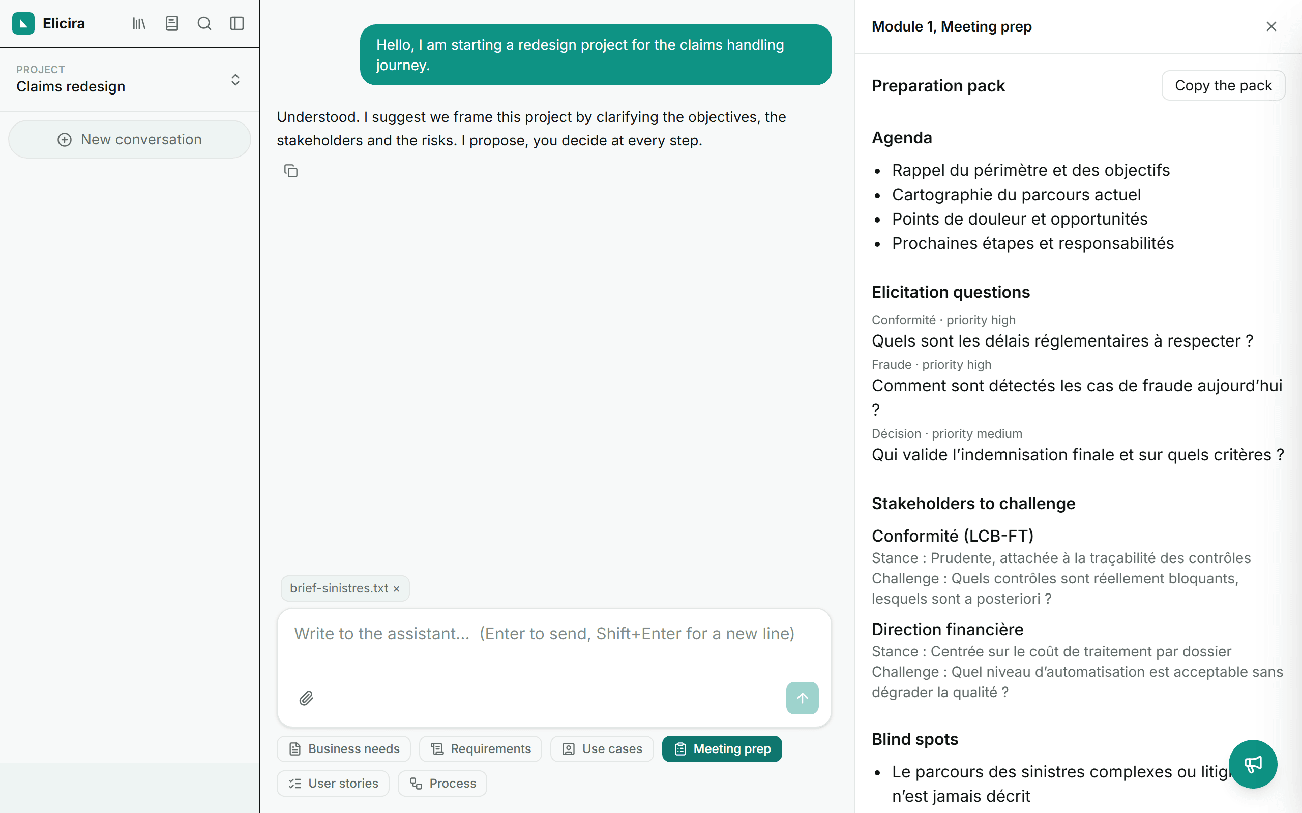 The generated preparation pack, with agenda and elicitation questions.