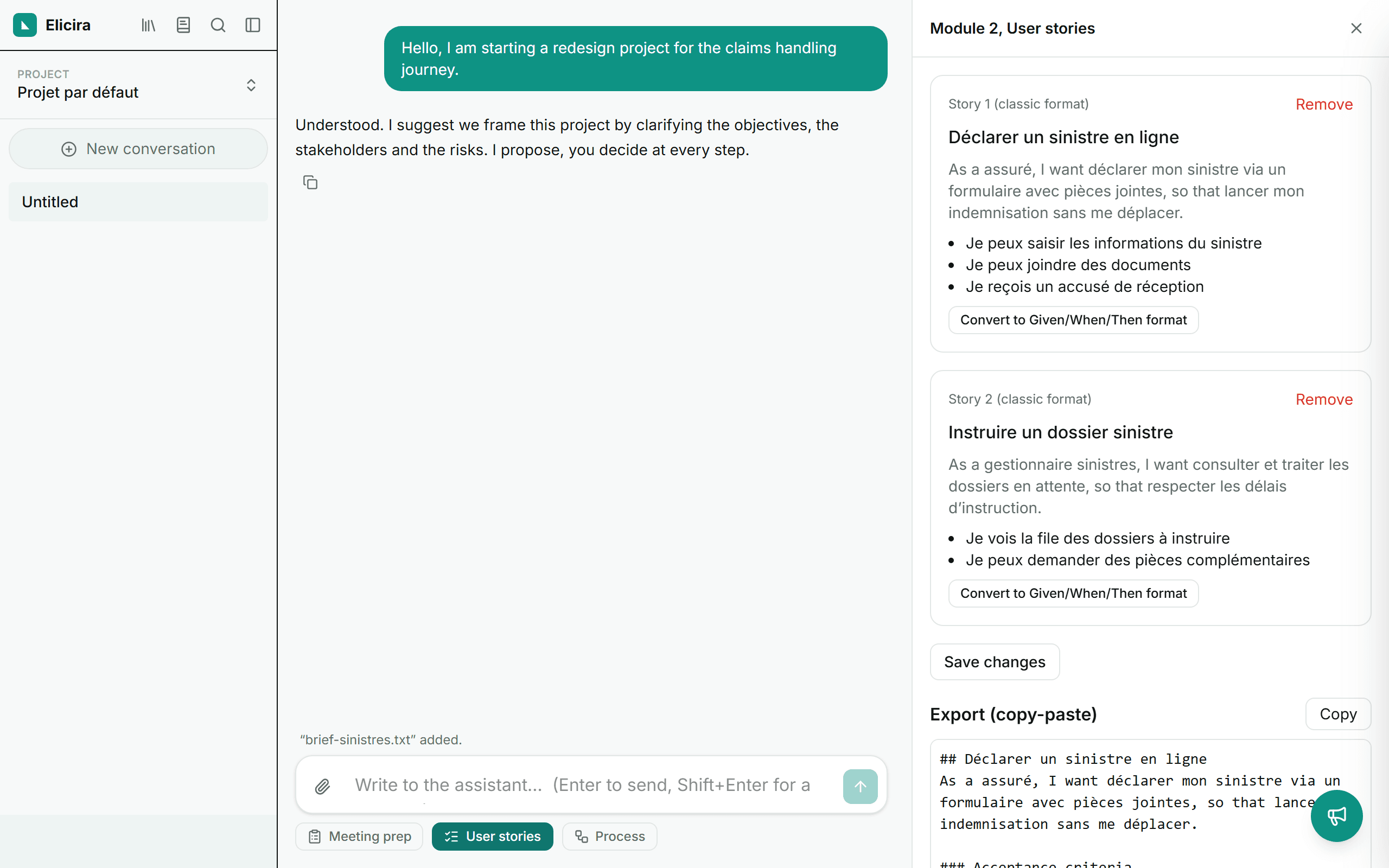 The user stories editor with acceptance criteria and export block.