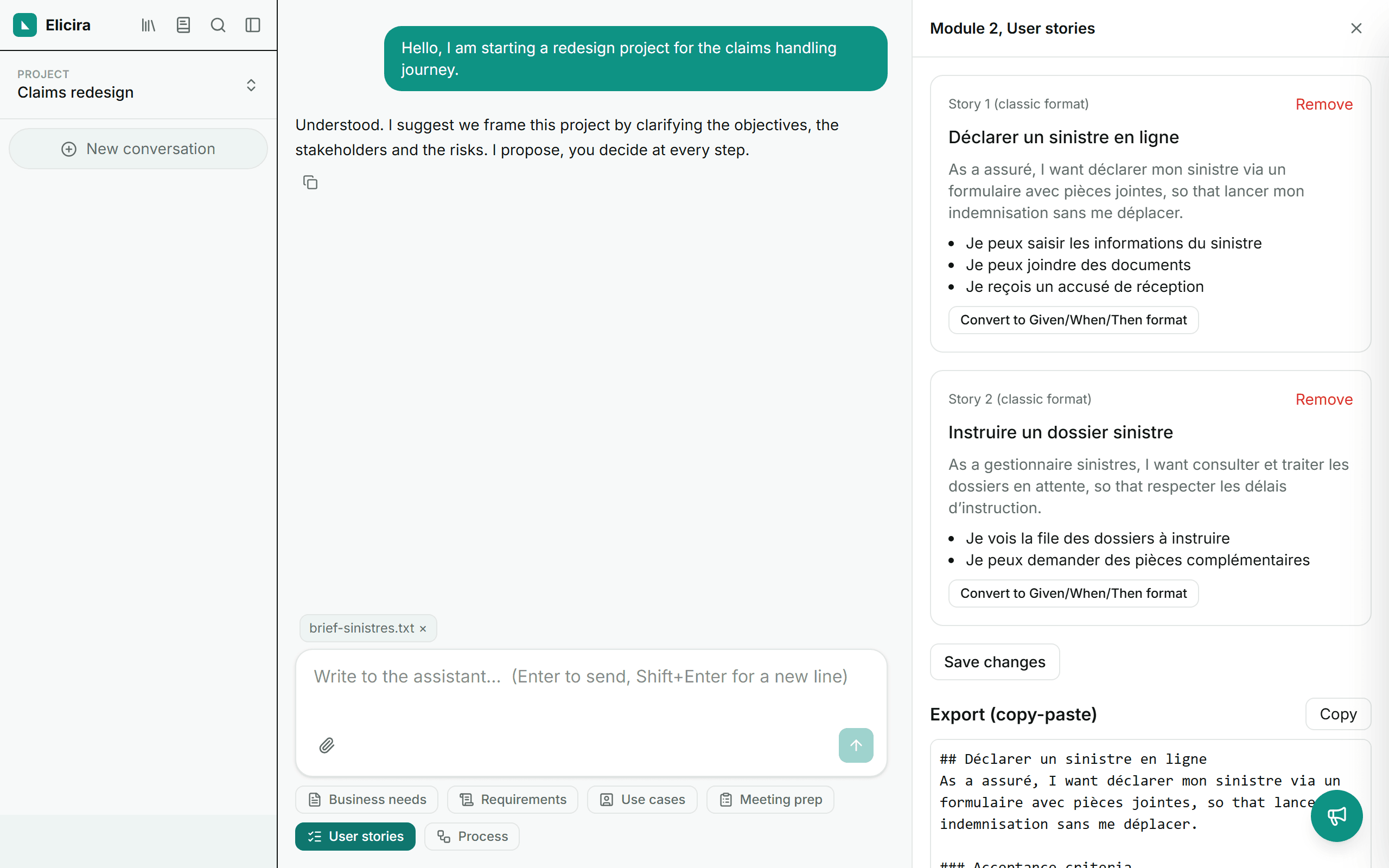 The user stories editor with acceptance criteria and export block.