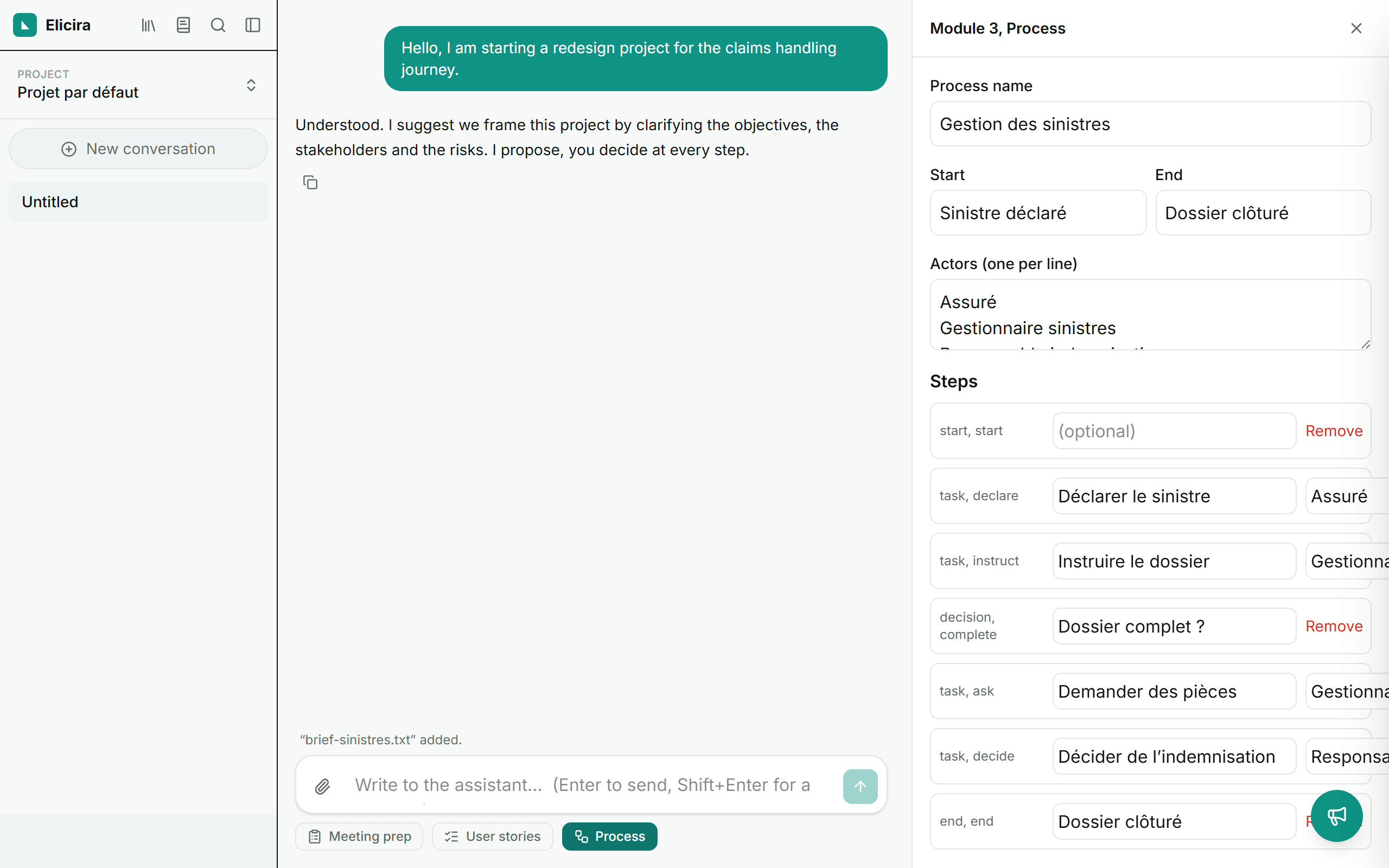 The process editor with its actors, steps and flows.