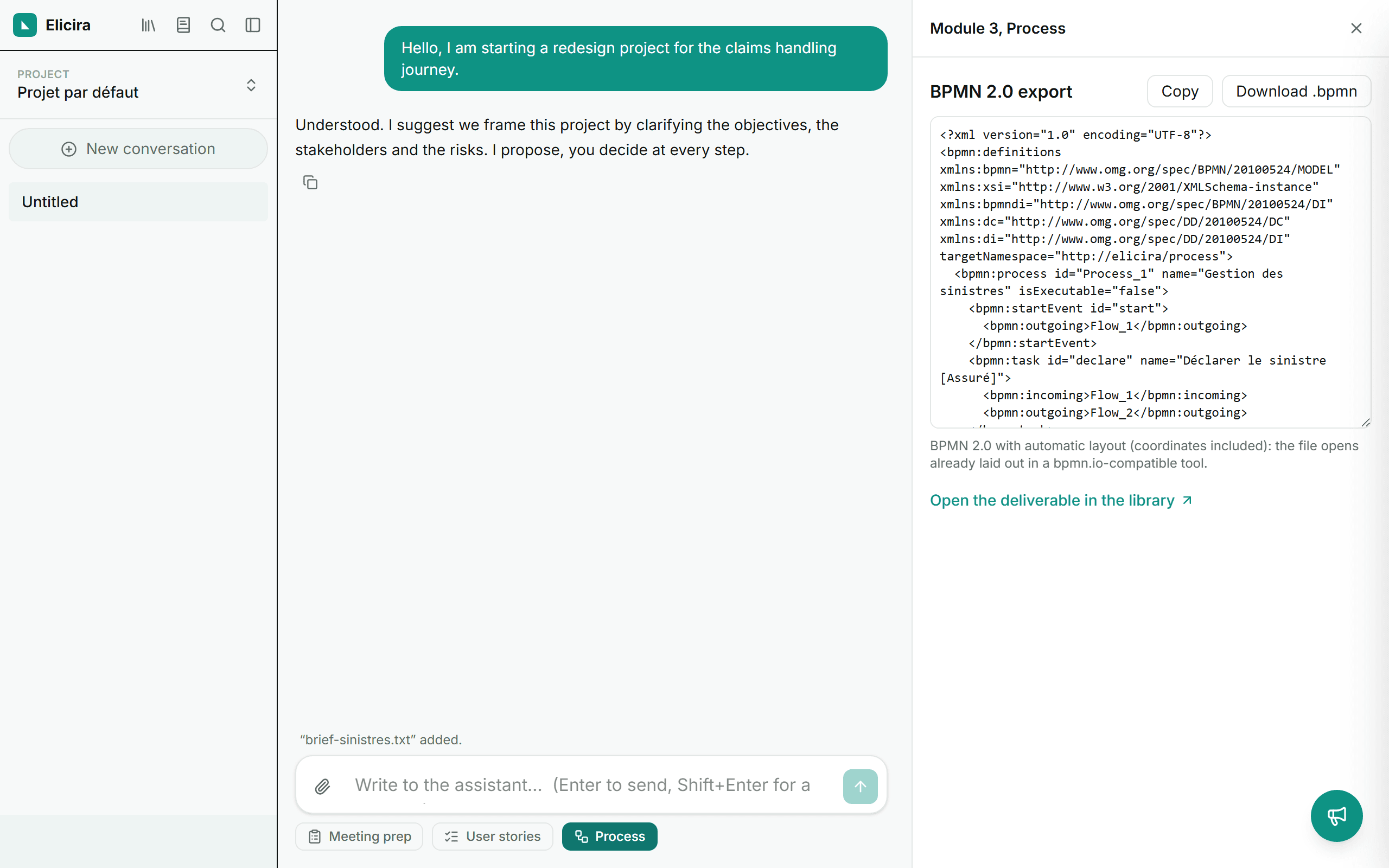 The BPMN 2.0 export, with the XML and the download button.
