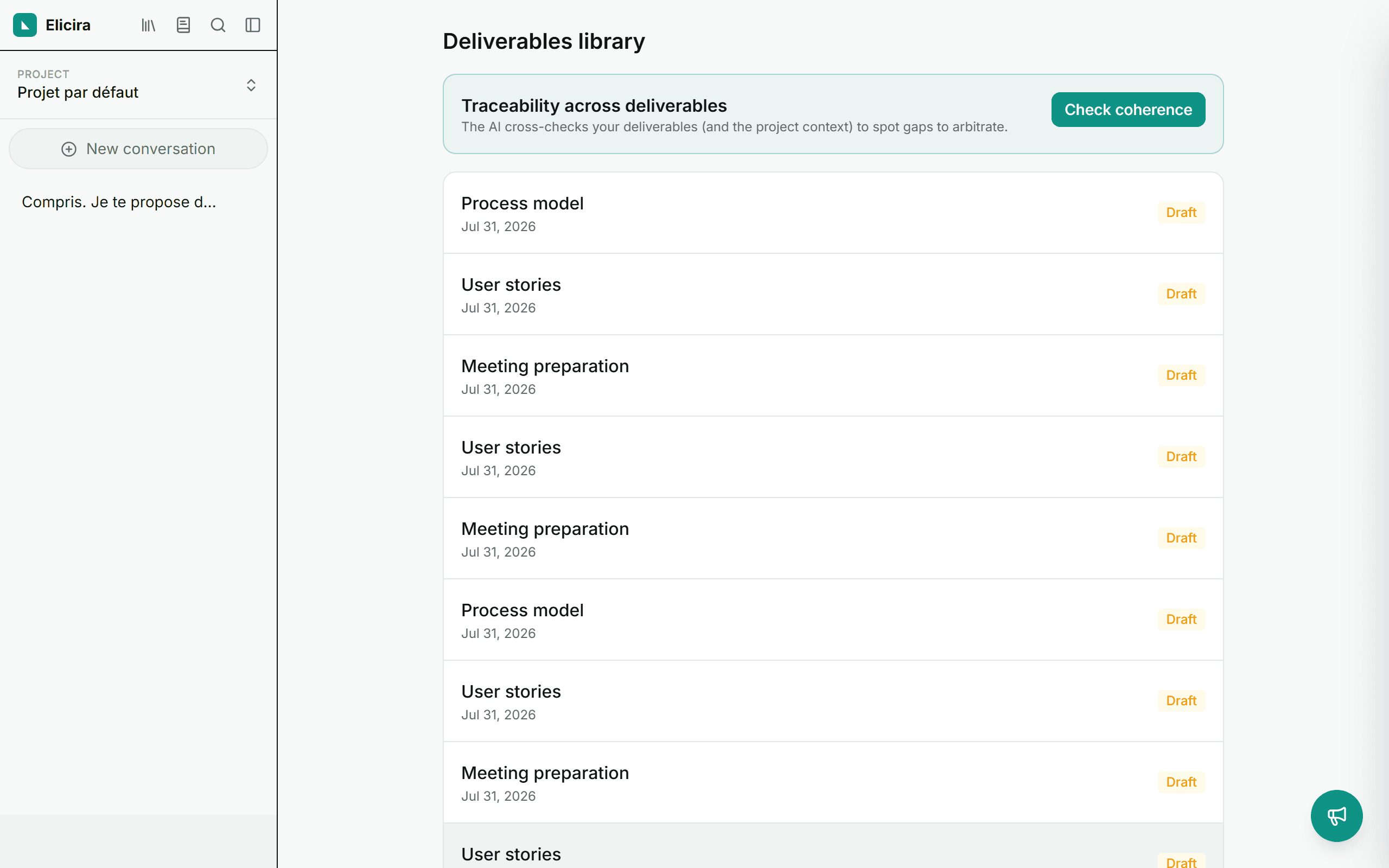 The deliverables library, with type, date and status for each entry.
