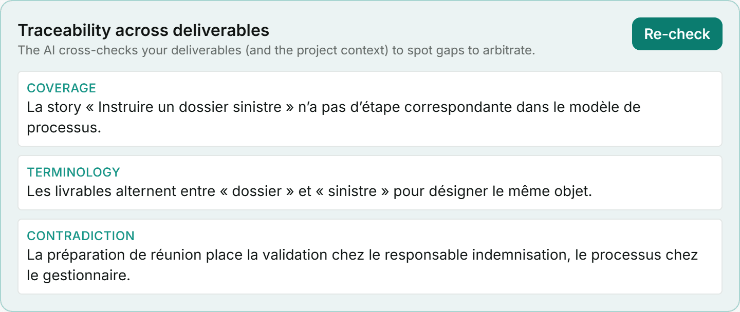 A coherence check result, with the discrepancies found by area.