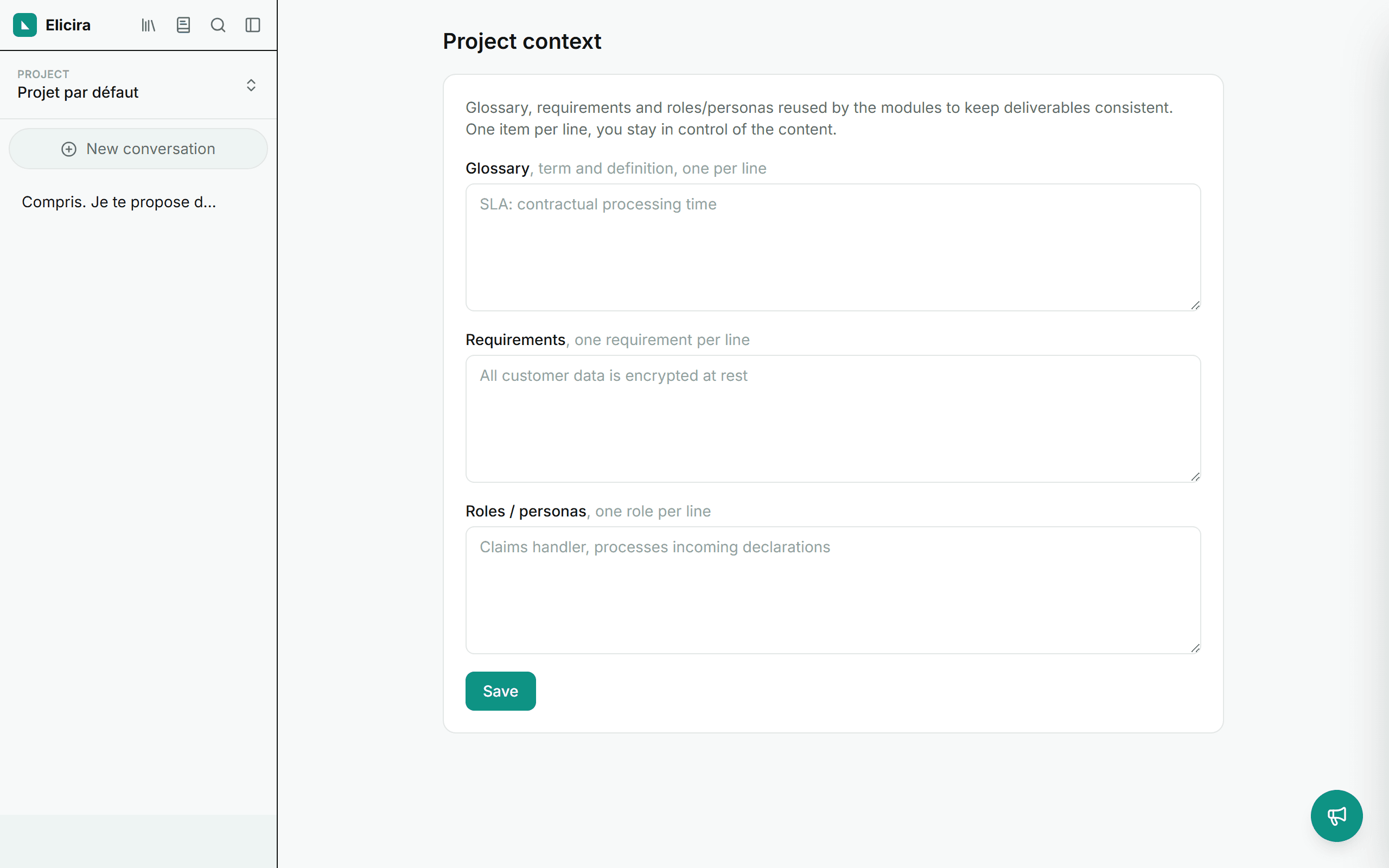 The project context page, with its three fields and the save button.
