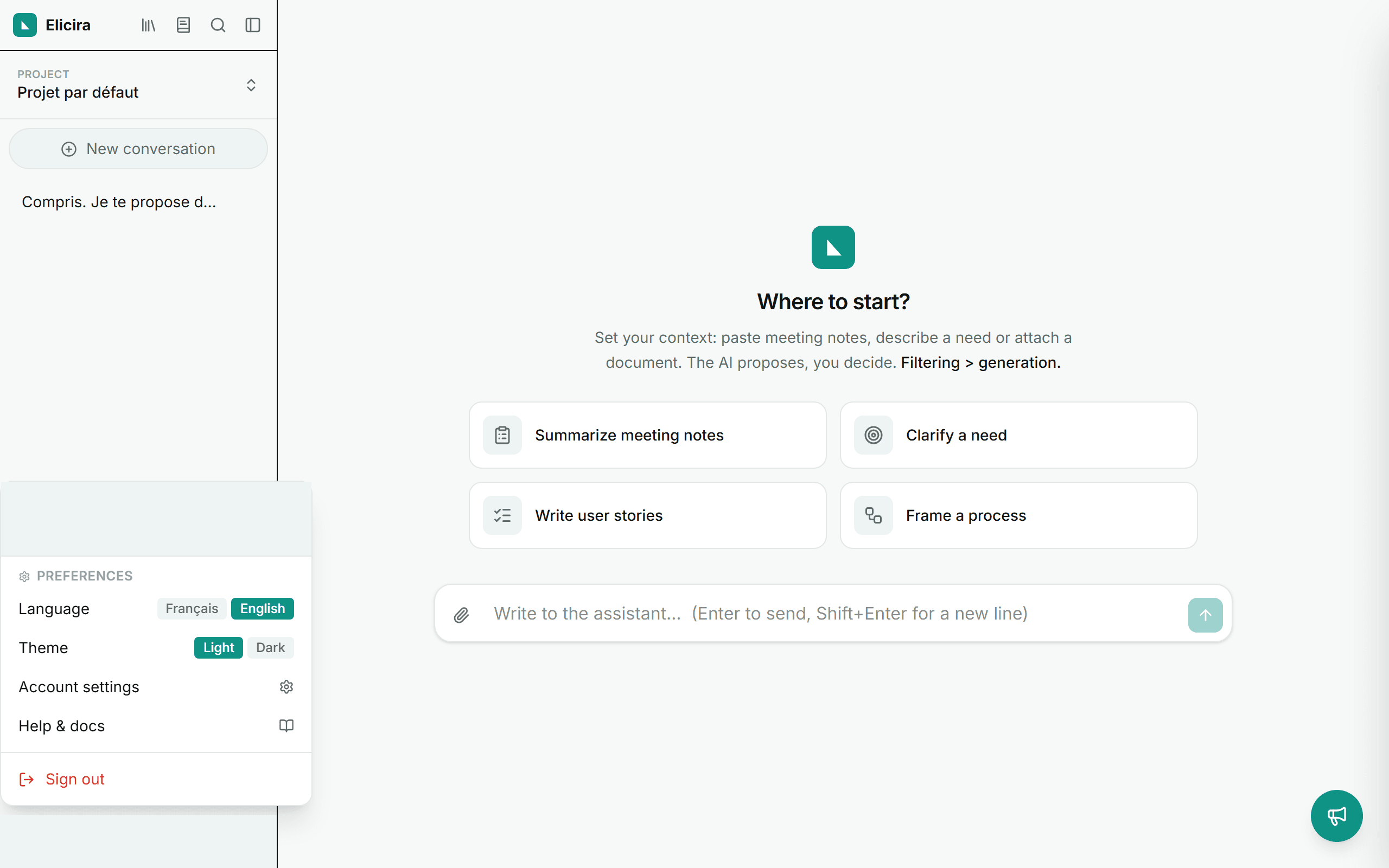 The user panel open, with the language and theme controls.