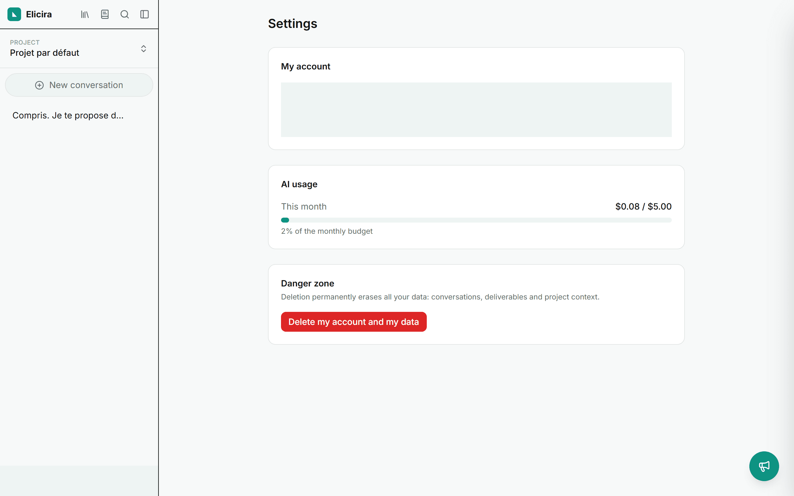 The Settings page, with AI usage tracking and the sensitive zone.